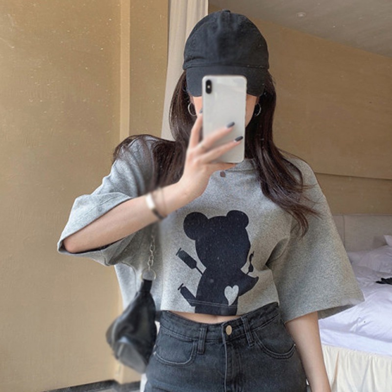 Áo Thun Ngắn Tay Dáng Rộng Eo Cao In Hình Gấu Thời Trang Mùa Hè Hàn Quốc