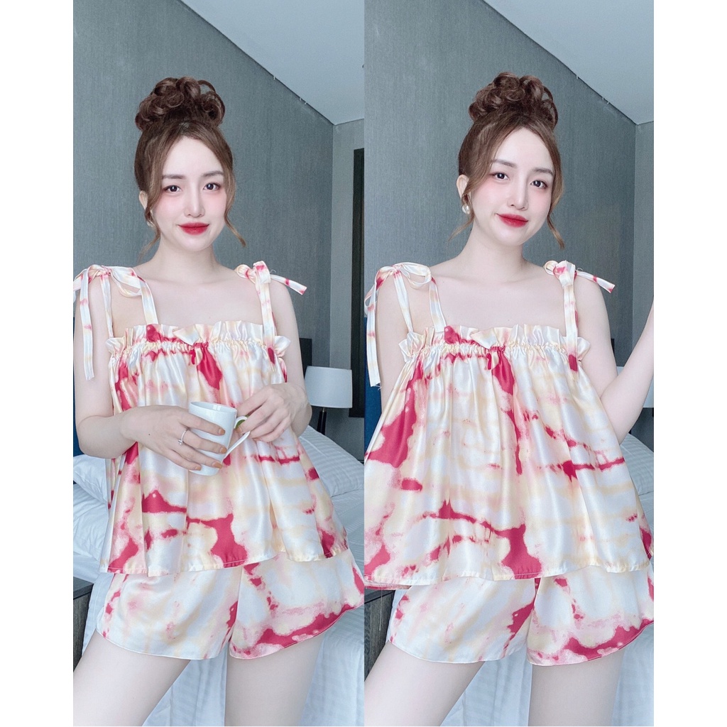 Váy Ngủ Nữ, Đồ Ngủ Sexy Nữ Bộ Satin Nhún Bèo Ngực Freesize Dưới 75kg