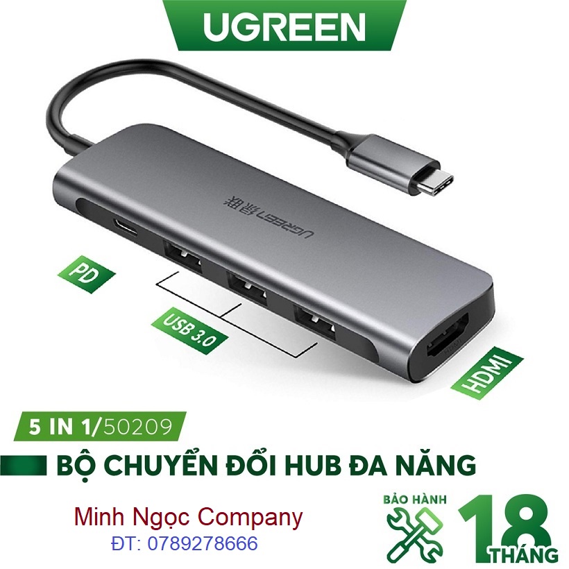 HUB 5 in 1 bộ chuyển USB Type C sang HDMI/USB 3.0 hỗ trợ sạc cổng USB Type C chính hãng Ugreen 50209