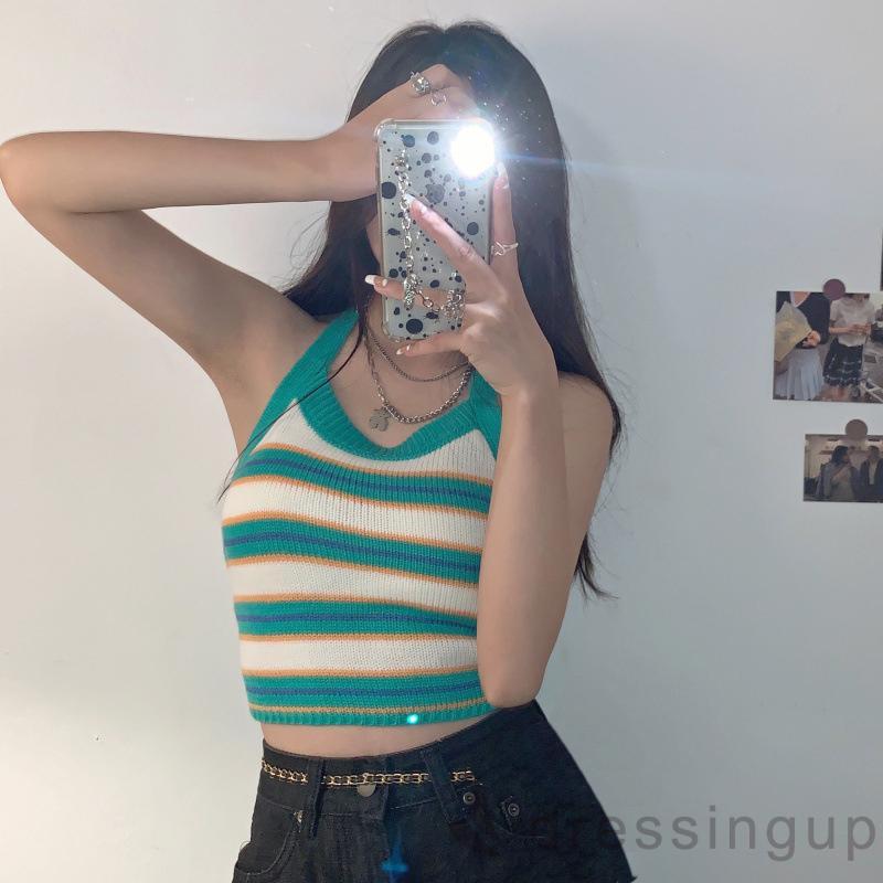 Áo Hai Dây Dệt Kim Hở Lưng Họa Tiết Kẻ Sọc Thời Trang Quyến Rũ Cho Nữ