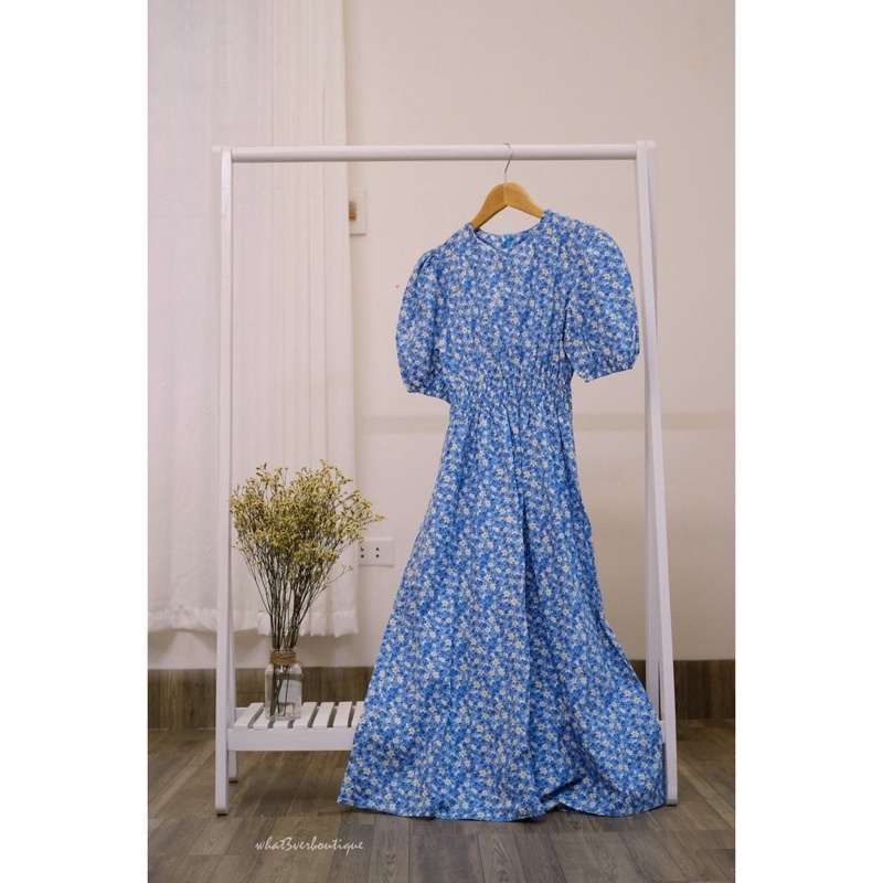 Váy hoa nhí cổ tròn tay phồng chun eo dáng dài phong cách vintage Linzstore V1653