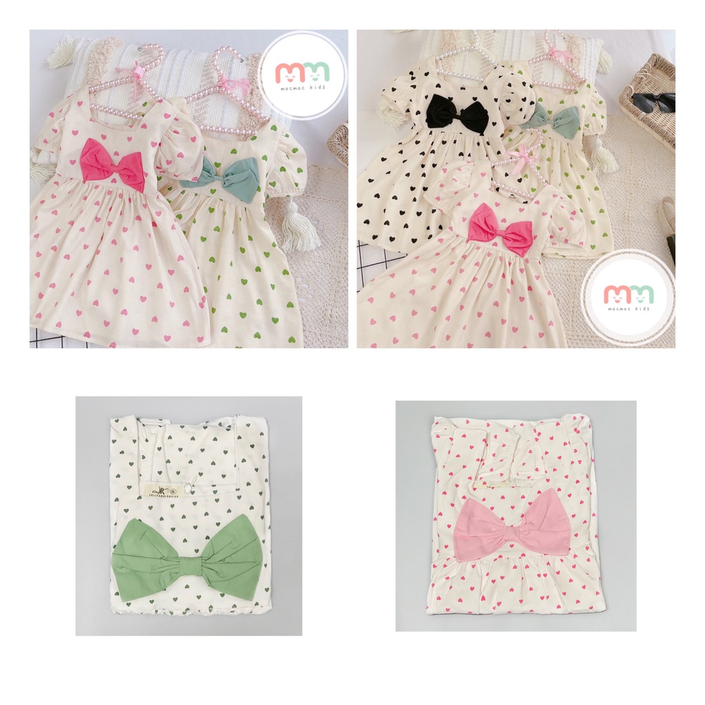 Đầm bé gái dễ thương, đầm babydoll bé gái thiết kế tay phồng nơ cổ chất lụa cao cấp mềm mịn mát cho bé 11kg đến 28kg