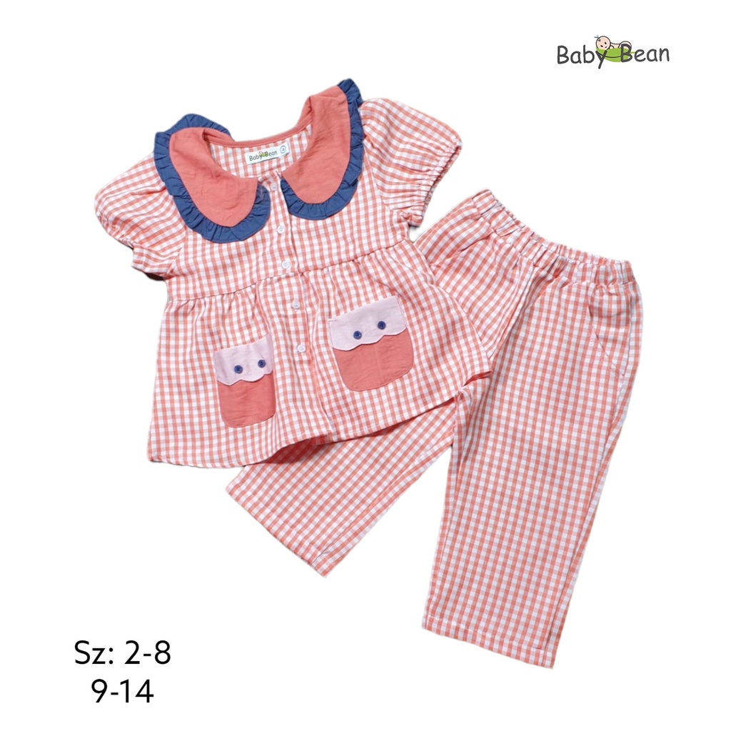Bộ Đồ Cotton Caro Cổ Sen Túi Thêu Bé Gái BabyBean