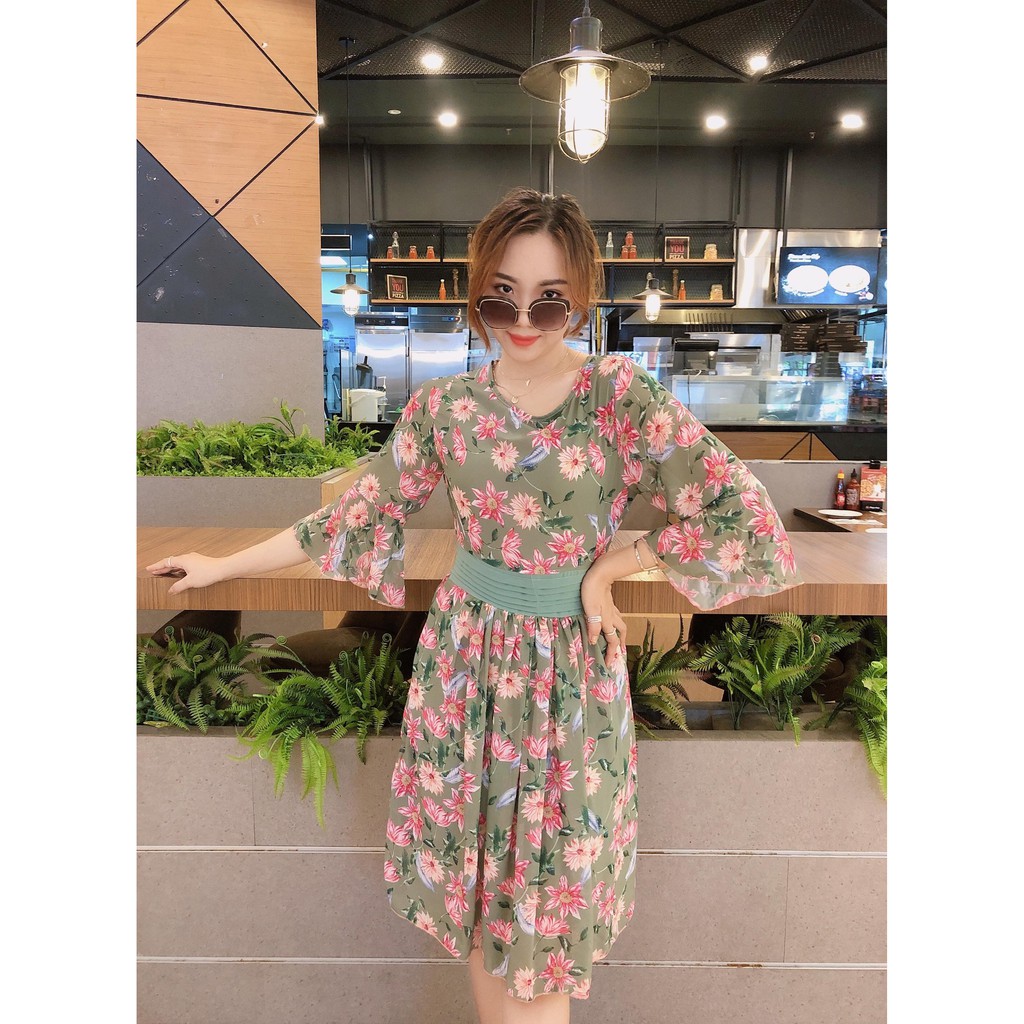 Đầm voan hoa cổ tròn tay loe cột nơ eo thời trang Noble cao cấp SG123