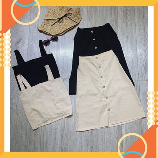 Chân Váy Midi Phối Nút Ulazzang Đũi + Set Áo Croptop 2 Dây Hàng Có Sẵn