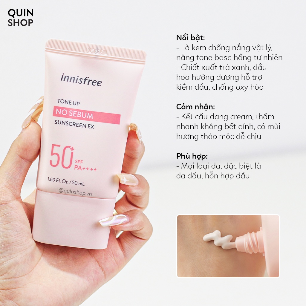 Kem Chống Nắng Cho Da Dầu, Da Khô Innisfree Tone Up No Sebum, Watering Sunscreen SPF 50+ PA++++