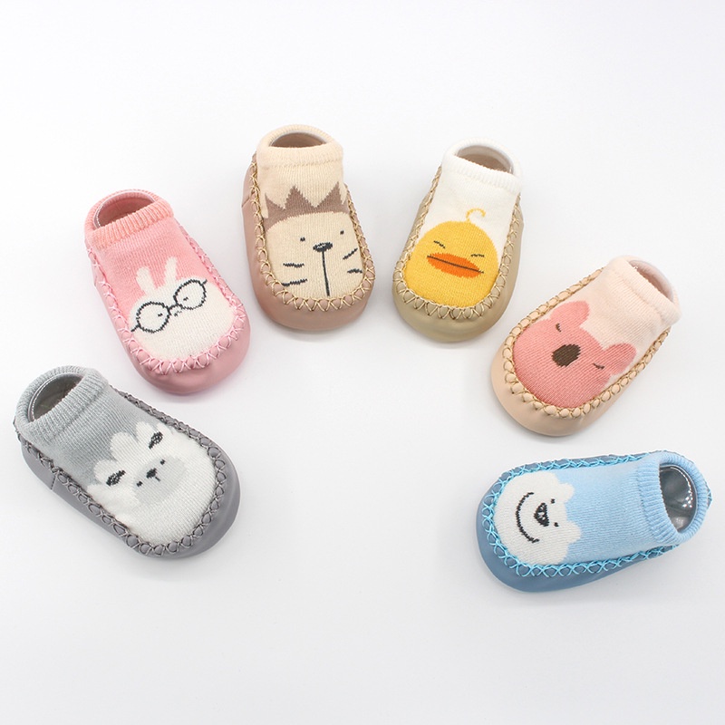 Giày Vớ Vải Cotton Đế Da Chống Trượt In Hoạt Hình Dễ Thương Cho Bé Sơ Sinh