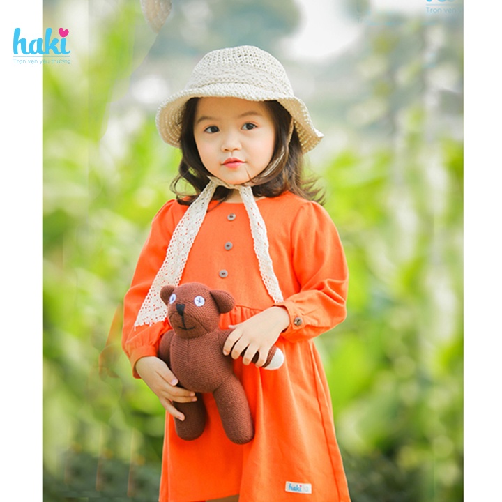 Váy bé gái dài tay Haki vải Linen cao cấp HK493 (Cam)
