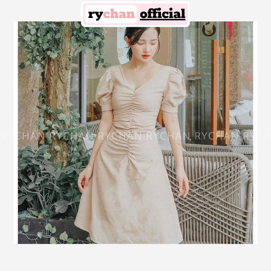 Đầm Xòe Midi Cổ V Tay Phồng 2 Màu Thanh Lịch - DX0064
