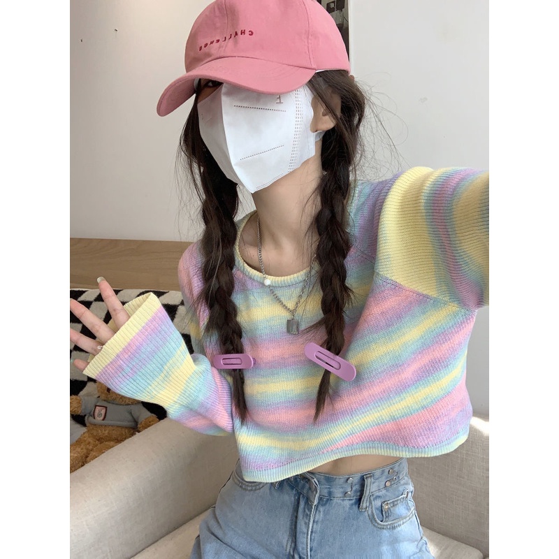 Jiashucheng Áo Thun Dệt Kim Dáng Rộng Eo Cao Kẻ Sọc Màu Gradient Kiểu Mỹ Xinh Xắn Cho Bạn Gái