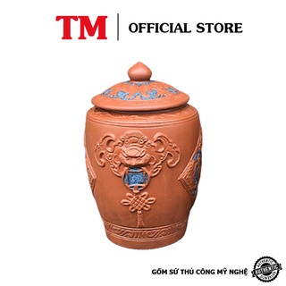 Hũ Sành Đựng Gạo Xưởng Gốm TM Bát Tràng Mẫu Nắp Nhọn Chữ Tài Lộc Hoa Văn In Nổi Không Tráng Men