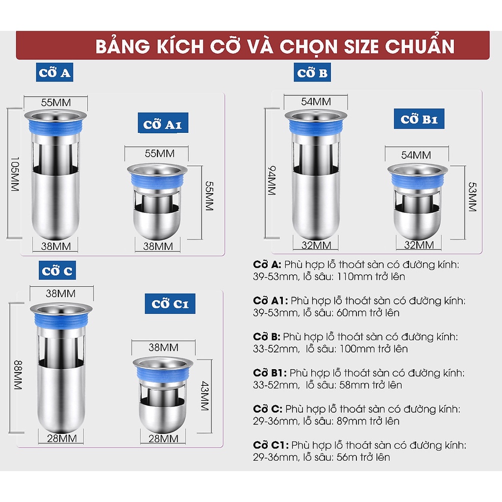 Ngăn Mùi Thoát Sàn Nhà Tắm - INOX 304 - Chống Mùi Hôi Ngăn Vi Khuẩn Trào Ngược Lên - Chặn Mùi Hôi Cống