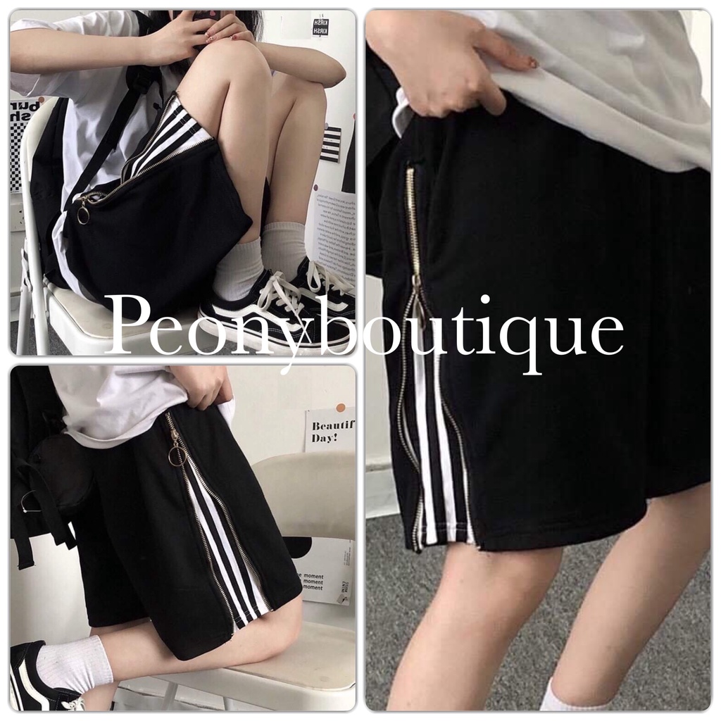 Quần Short 3 Sọc Phối Khóa PEONYB Unisex [FREESHIP]  Sooc đùi ống rộng thể thao hàn quốc cá tính nam nữ Ulzzang