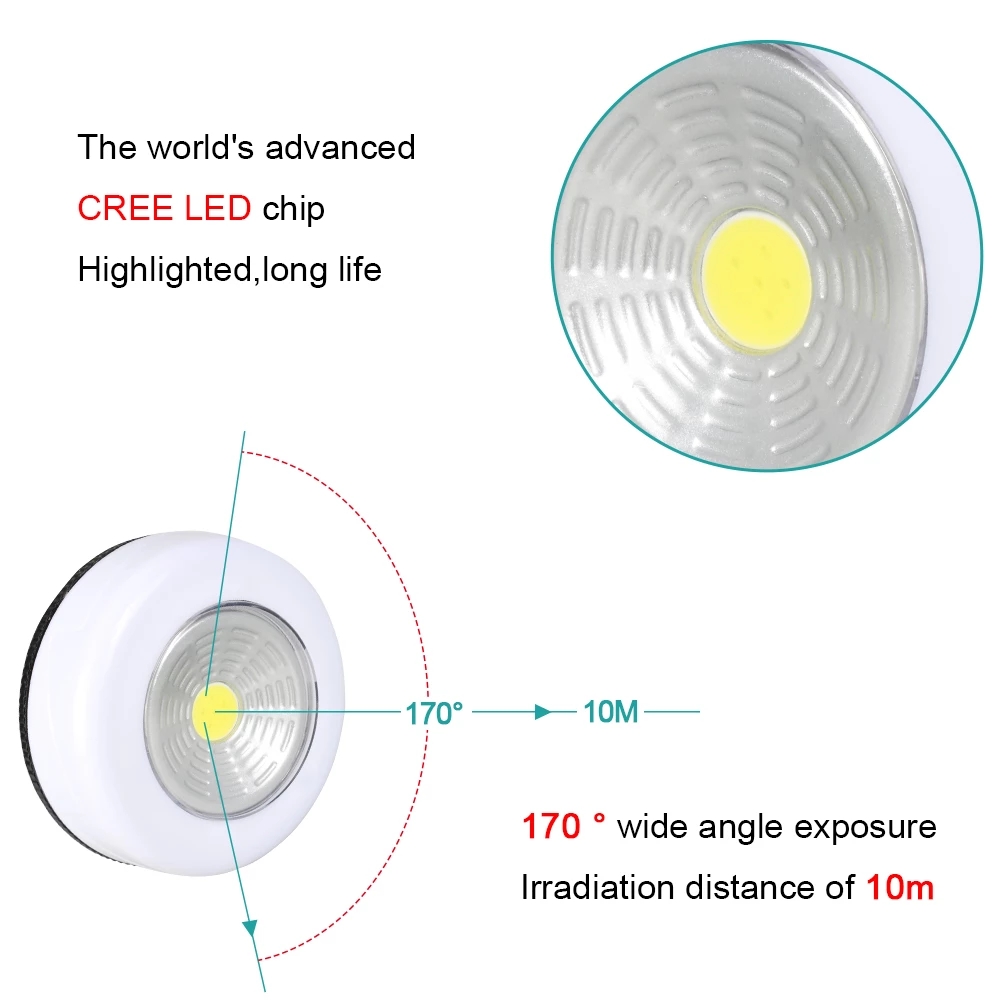 Đèn LED gắn tường COB tự dính điều khiển cảm ứng chạy bằng pin hình tròn cho tủ quần áo/nhà bếp