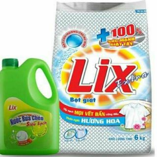 Bột giặt Lix 6kg+ nước rửa chén lix siêu sạch 1.5kg