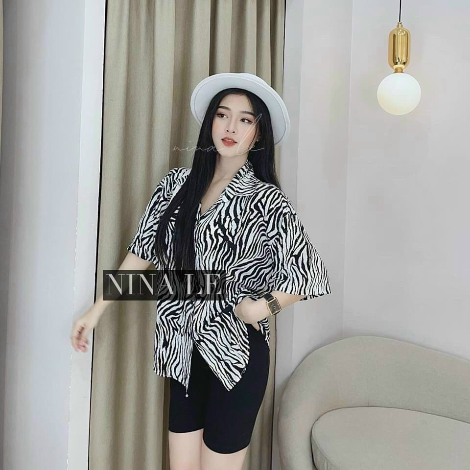 Sét bộ áo sơ mi form rộng màu beo vằn phối quần ngố thun body cực xinh , chất voan mềm mịn