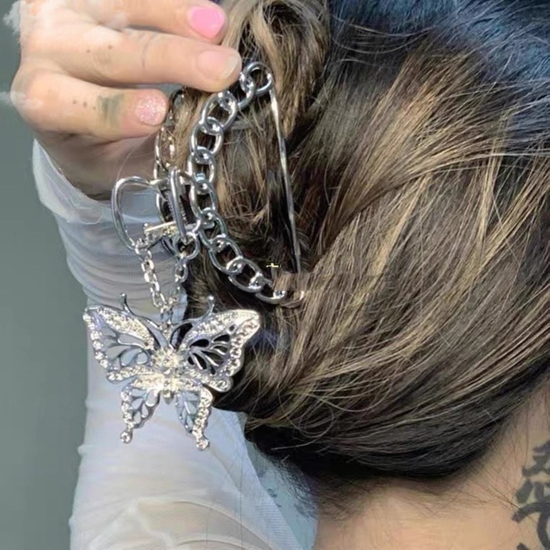 1 Elegance Temperament Women Hair Clip Metal Hollow Hair Claw Butterfly Pendant Kẹp Tóc Thời Trang Vintage