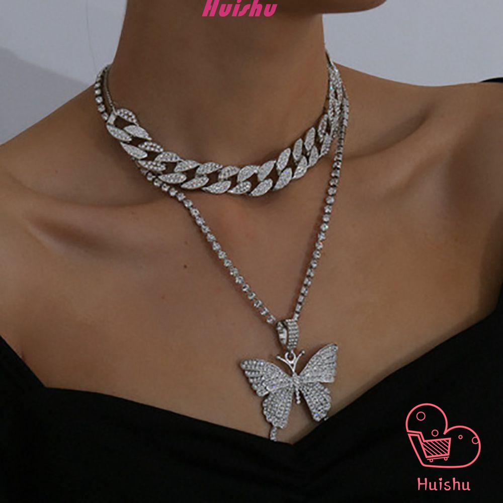 HS Women Necklace Fashion Jewelry Mutli-Layer Chain Butterfly Pendant Zircon Chic|Hip Hop Choker Clavicle/Multicolor
