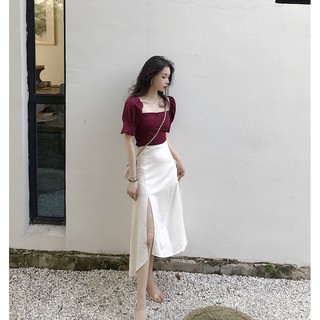 set chân váy trắng xẻ tà + áo croptop mận (có bán lẻ)