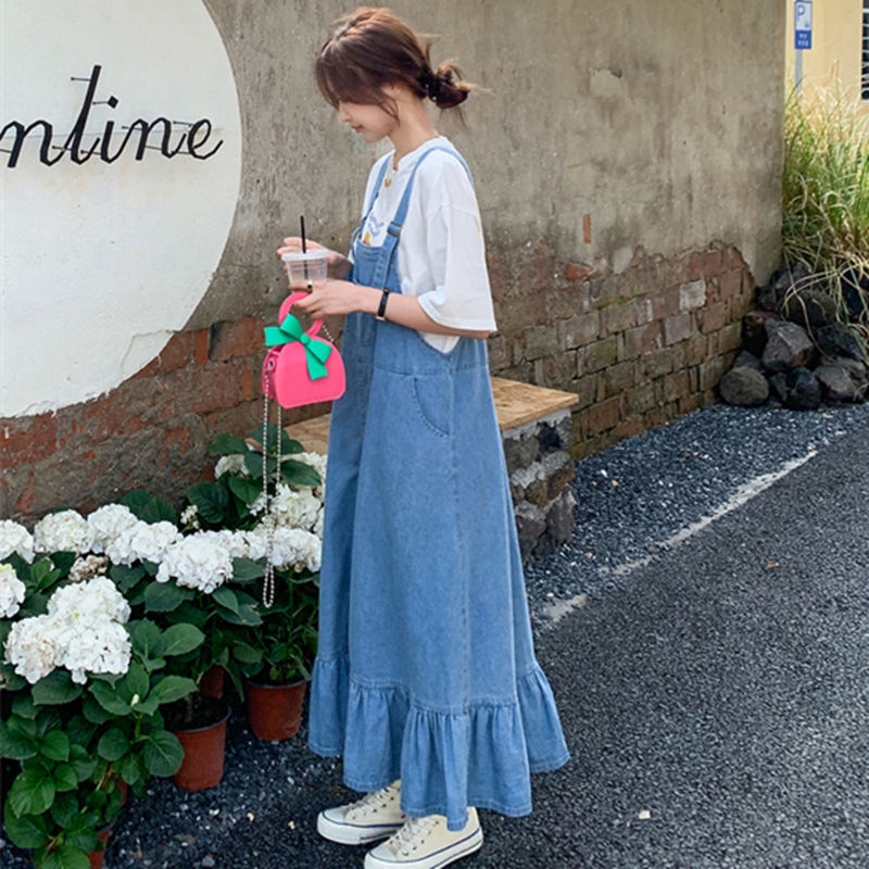 Vqay Xu Ng bigsize Đầm Yếm Denim Dáng Rộng Dài Phối Bèo Phong Cách Retro Pháp Thời Trang Mùa Hè Mới Cho Nữ