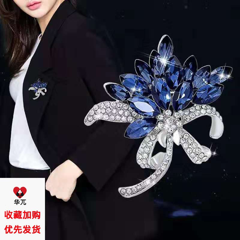 Ghim cài áo vest hình hoa xanh đính đá cao cấp, phong cách Hàn Quốc CA03