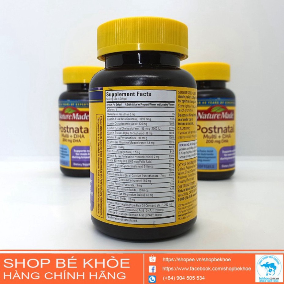 XẢ KHO LỖ VỐN Vitamin sau sinh Postnatal Multi +DHA Nature made - Postnatal 200mg DHA *(&