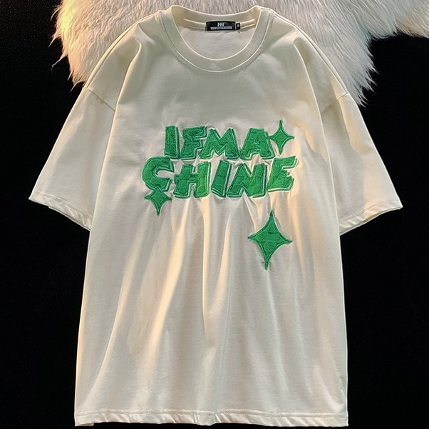 Áo Thun Tay Ngắn Form Rộng Họa Tiết Thêu Theo Phong Cách Preppy Retro