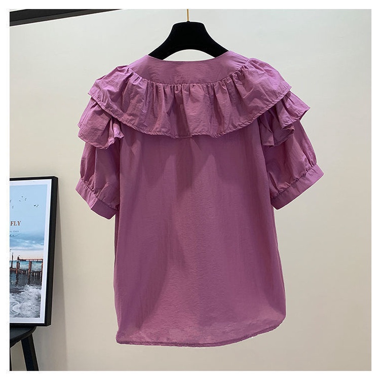 Áo Voan Tay Ngắn Cổ Tròn Màu Trơn Phối Bèo Phong Cách Pháp