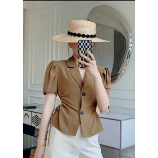 Áo Blazer nữ tay ngắn Cổ V có dây rút 2 bên khoét eo tôn dáng dấu bụng m138