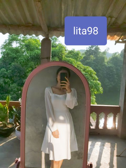 Váy trắng/ đen dự tiệc cổ vuông xếp bèo tay voan kèm ảnh thật SẴN SIZE S, M