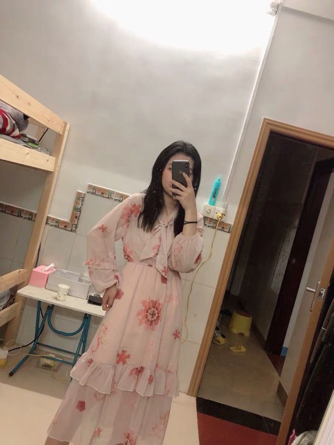 [HÀNG ORDER] Đầm maxi hoa tầng tay bồng nơ cổ vintage(Có ảnh thật) | BigBuy360 - bigbuy360.vn