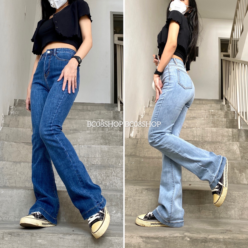 Quần Jean Nữ Ống Loe Lưng Cao Co giãn dài tôn dáng Basic BC011