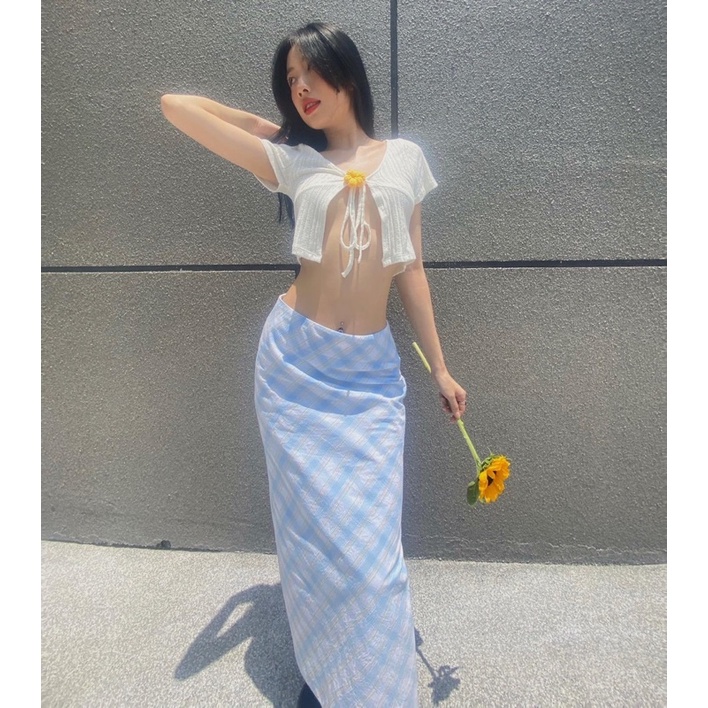 CHEERS - Chân váy dài caro vintage, 2 lớp, lót lụa