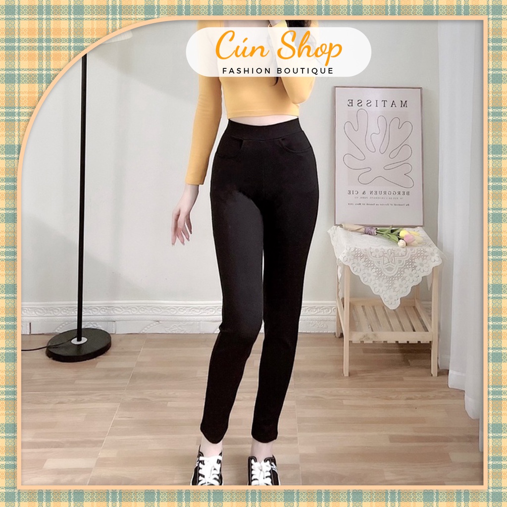 Quần legging lót lông ôm dáng lưng cao cạp chun phối túi quần - Cún Shop