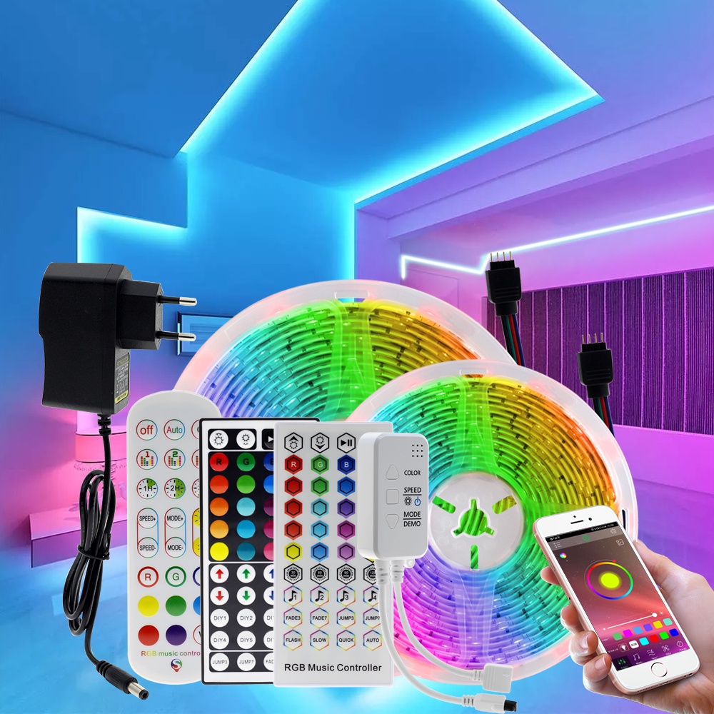 Dải đèn LED RGB 5050 DC12V Băng đèn linh hoạt Dải điốt băng 5M 10M 15M 20M 30M Dải ánh sáng LED Fita + Bộ điều khiển + Bộ chuyển đổi