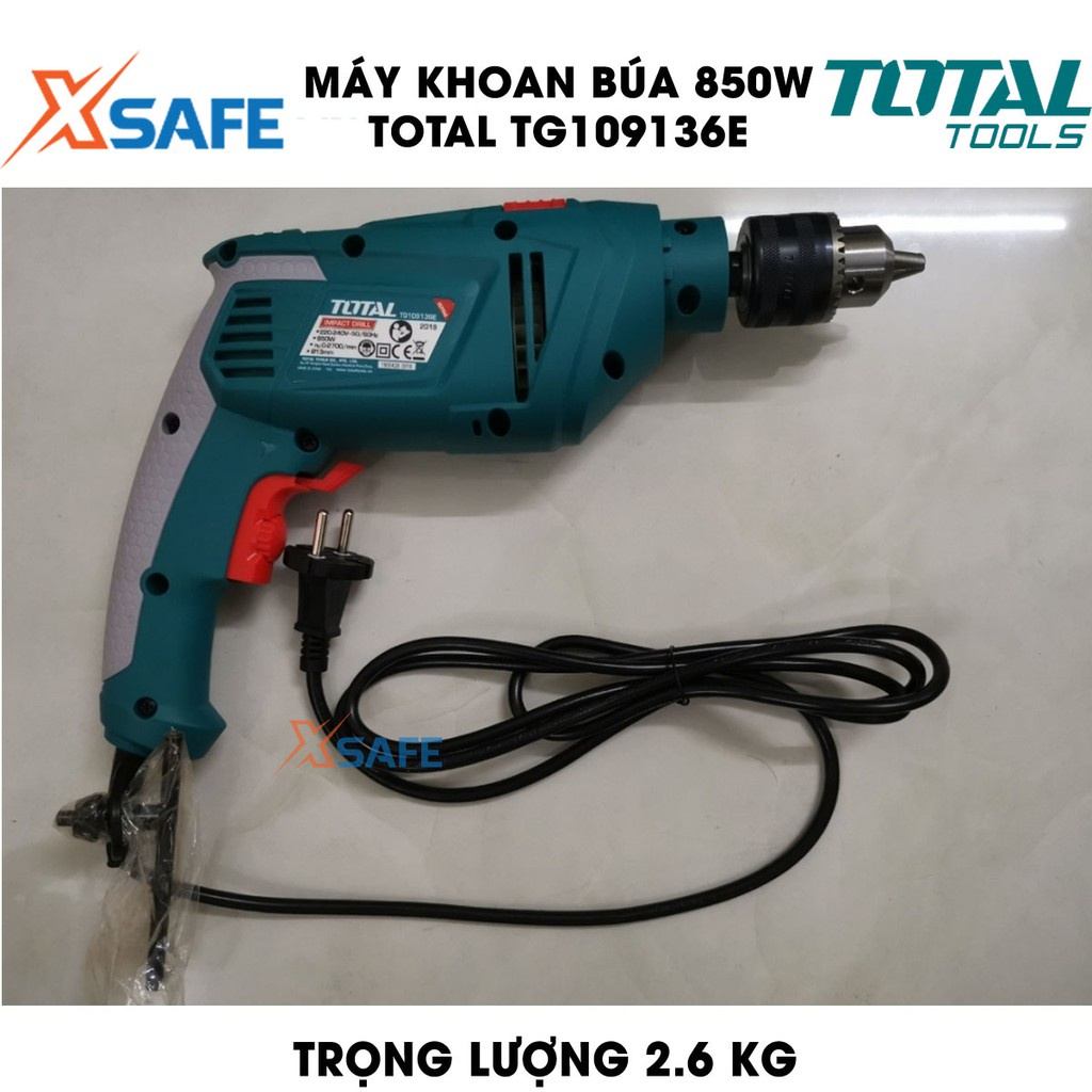 Máy khoan búa cầm tay TOTAL TG109136E công suất 850W, tốc độ 2700 rpm, khả năng khoan 13mm, có chỉnh tốc, đảo chiều