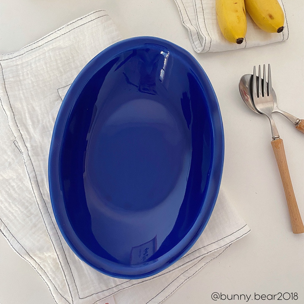 Đĩa sứ xanh ngọc elip phong cách Đông Âu sang trọng cao cấp