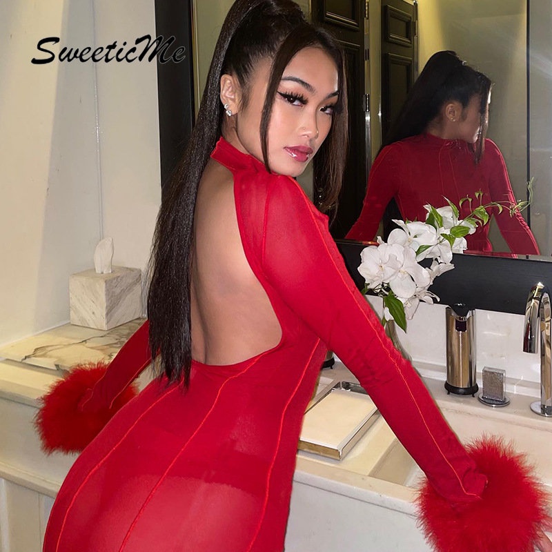 Đầm Tay Dài Hở Lưng Dáng Ôm Màu Trơn Thời Trang   Quyến Rũ Cho Nữ