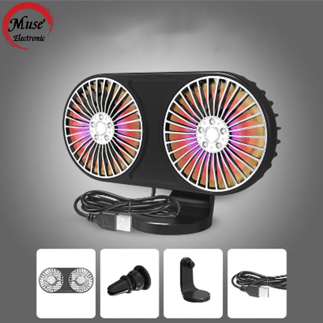 Quạt Mini Hai Đầu DC12V Với Cổng Cắm Usb Xoay 360 Độ Giảm Tiếng Ồn Cho Xe Hơi