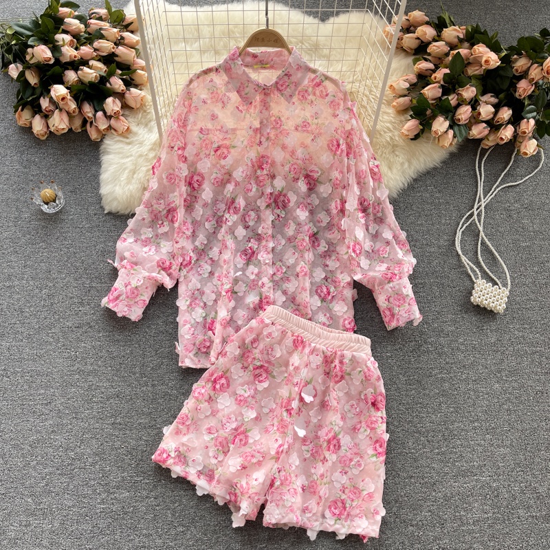 Set áo sơ mi kèm quần đùi vải thêu hoa thủ công cao cấp hàng thiết kế mẫu mới 2022