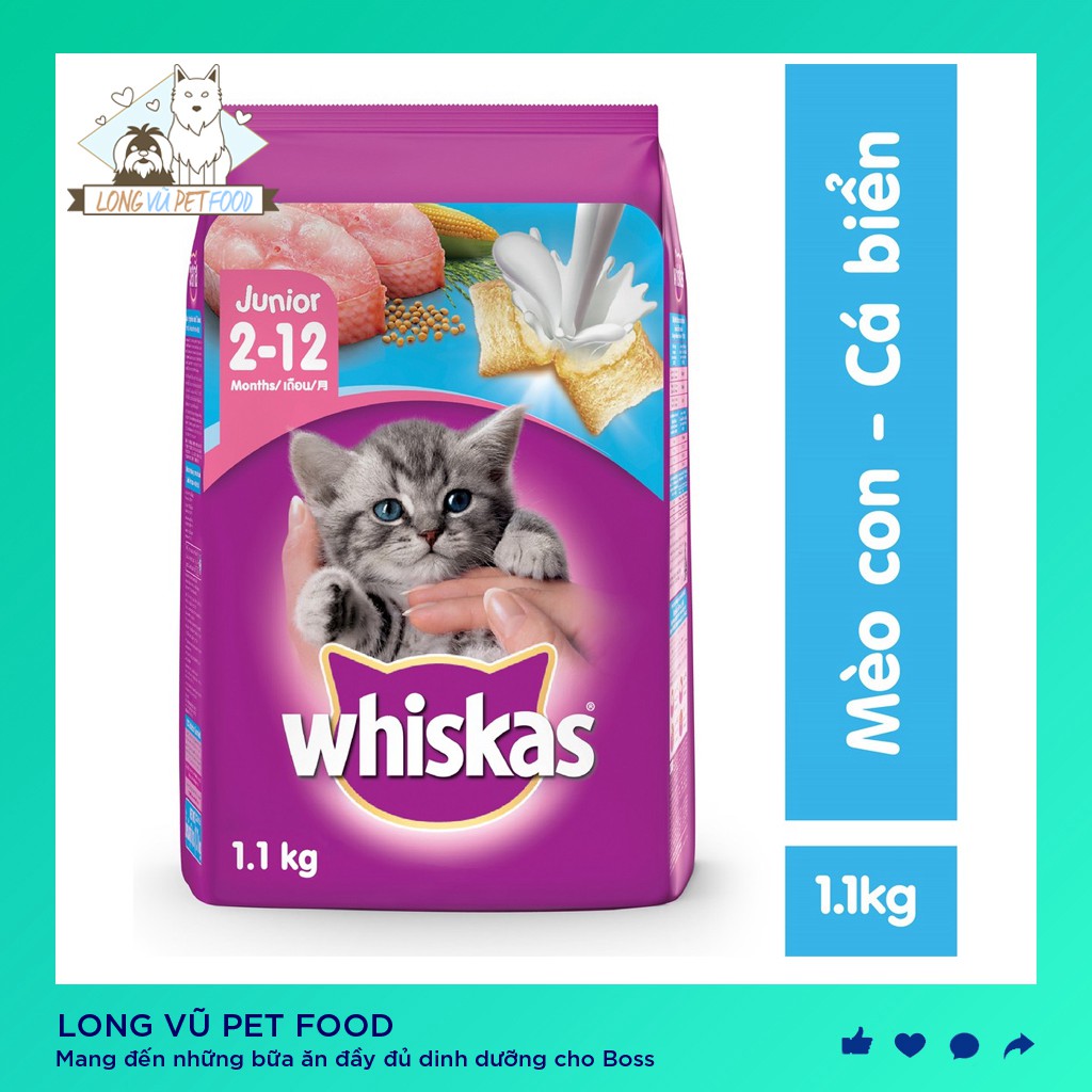 Thức ăn mèo con Whiskas vị cá biển & sữa 1.1kg, được sản xuất từ các nguyên liệu tự nhiên, bổ sung dưỡng chất, tốt cho h