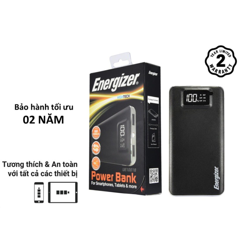 Pin sạc dự phòng Energizer 10000mAh 2 cổng Output có LCD - UE10018 (Đen)