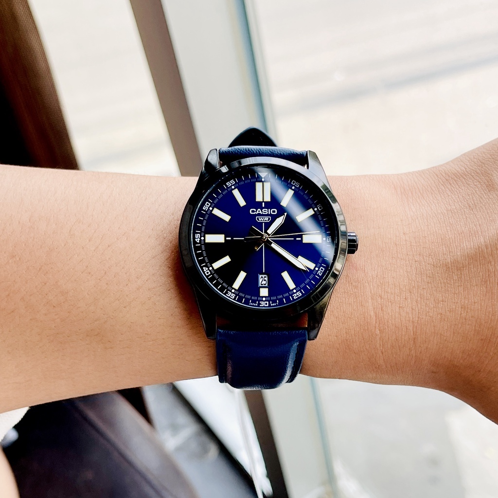 Đồng hồ nam dây da thời trang Casio MTP VD02BL-2E mặt xanh - Size 41 Kim dạ quang Bảo hành 1 năm Hyma watch