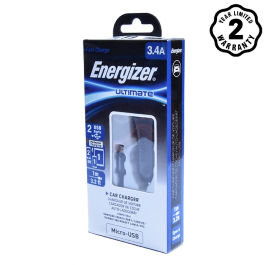 Sạc Ô tô Energizer UL 2 cổng USB 3.4A + 1 Cáp Micro-USB dài 1m-DCA2CUMC3 cho xe hơi (Đen)