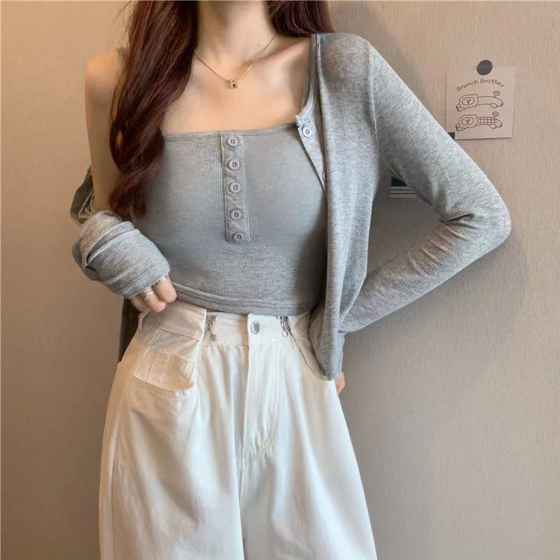 Happy-store ❤️ Set áo khoác cardigan len dài tay tặng áo hai dây 3 màu trắng, đen, xám, chất vải mềm mịn happy store8668