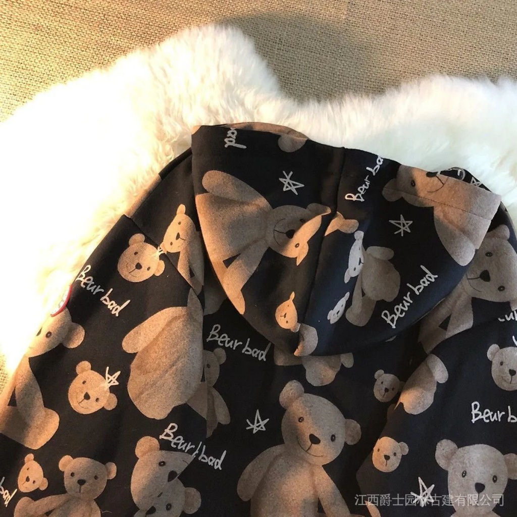 Áo khoác hoodie dáng rộng thêu hình gấu dễ thương | BigBuy360 - bigbuy360.vn