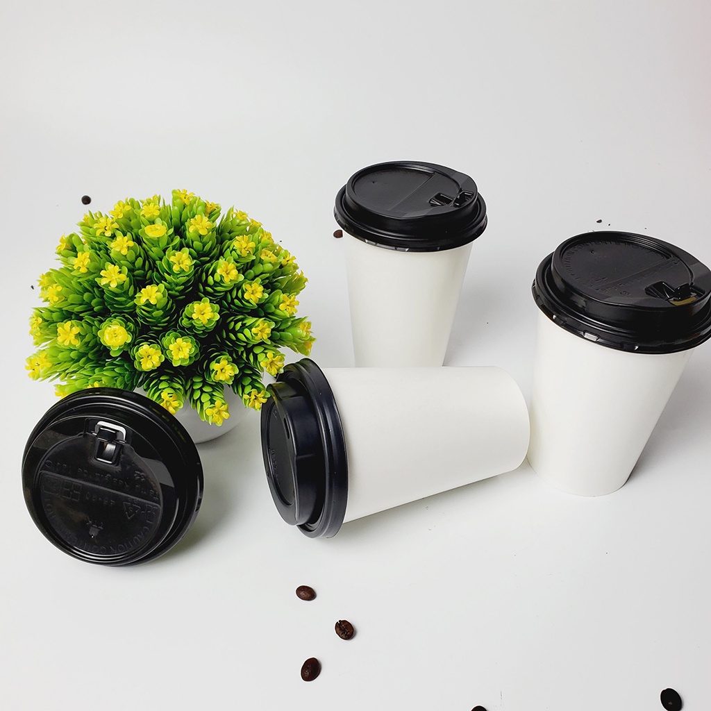 50 Ly Giấy Trắng Trơn 16oz – 480 ml Có Nắp | Ly giấy cafe | Ly giấy 500ml | Ly giấy đựng cà phê | Cốc giấy