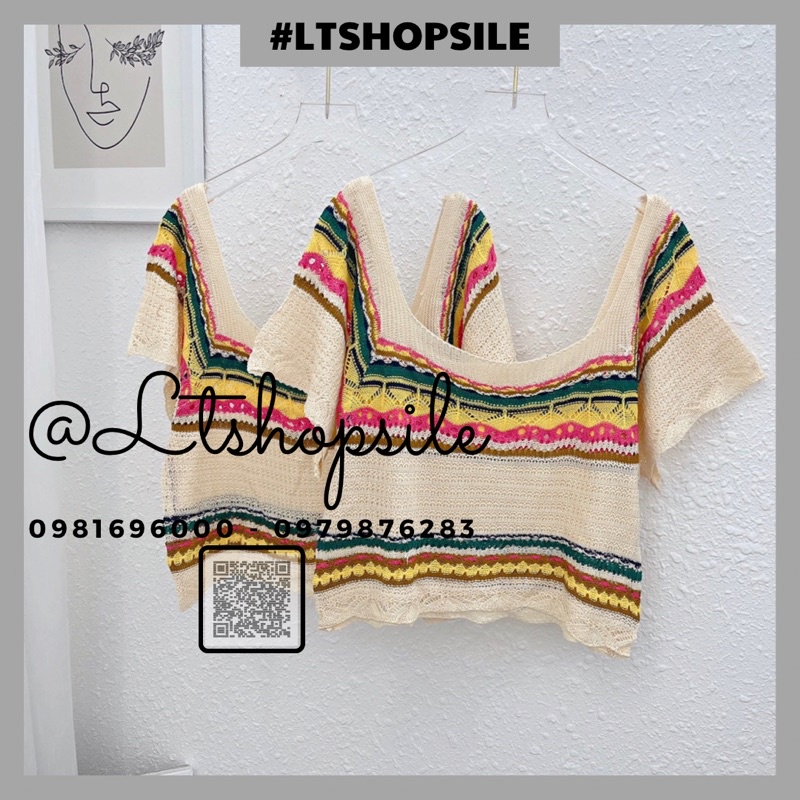 Áo len đan móc sợi cổ vuông tay ống rộng phối màu sắc thổ cẩm xinh