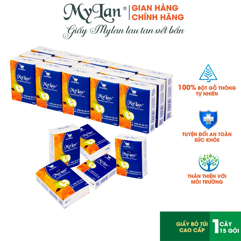 Giấy Bỏ Túi Mylan Táo 4 Lớp Mylan (8 Tờ/1 Gói, 15 Gói/Cây)