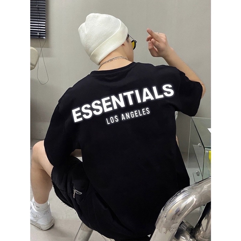 Áo thun unisex Ess phản quang trắng in lưng - Áo phông nam nữ form rộng tay lỡ in chữ phản quang